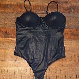 Black Leather Look Bodysuit with Spaghetti Straps